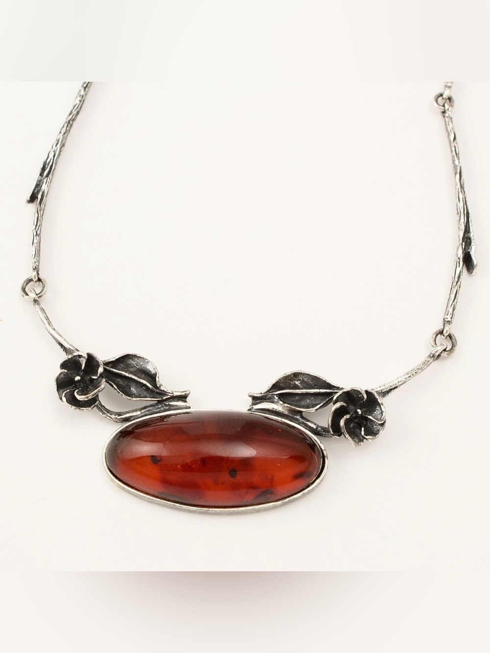 Vintage Cherry Amber Sterling Silver Pendant Necklace with Floral and Leaf